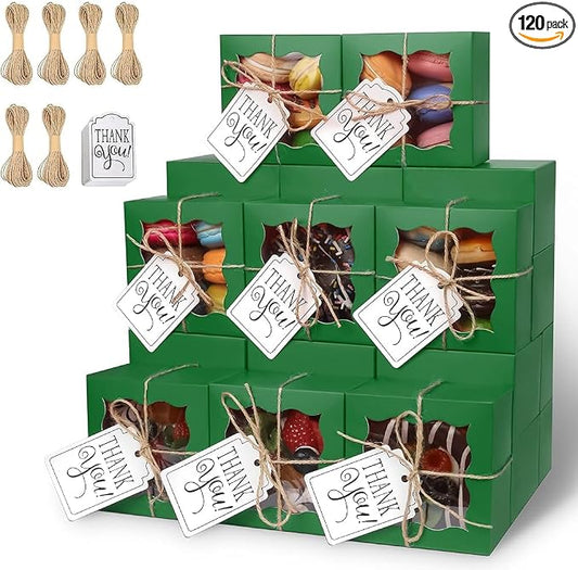 KPOSIYA 120 Pcs Green Bakery Boxes with Window - 4x4x2.5 Inch Individual Cupcake & Cookie Boxes - Kraft Paper Green Gift Box for Pastries, Cookies, Pie, Donuts, Macaroon