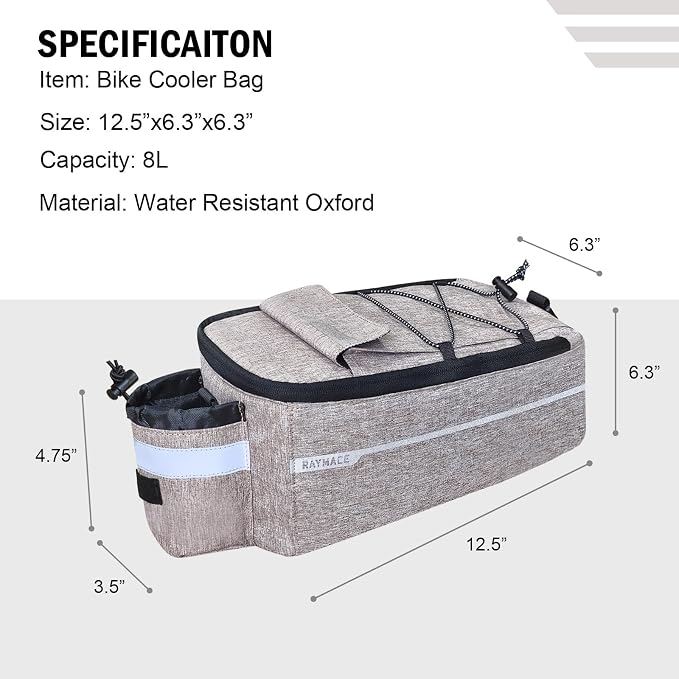RAYMACE Bike Rear Rack Bag, Bike Trunk Cooler Bag, Bicycle Pannier for Warm or Cold Items (Beige)