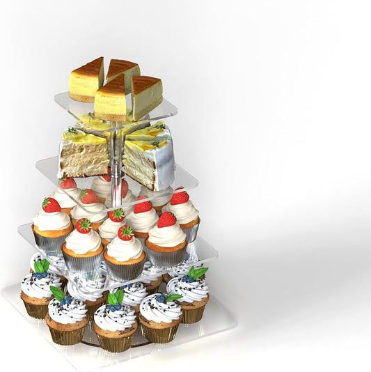 4-Tier Rotating Cupcake Stand, Clear Acrylic 360° Spinning Dessert Display Tower for Cakes & Pastries, Serving Stand for Weddings, Birthdays, Parties - Square