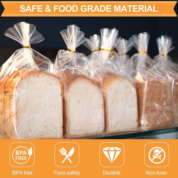 vivinin 100 Pack Bread Bags & 100 Pack Ties, 8" x 4" x 18" Clear Bread Bags for Homemade Bread, Reusable Plastic Bread Storage Bags for Bakers, Bakery Owners