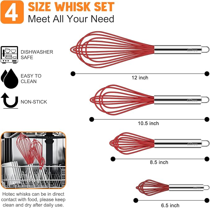 HOTEC 4 Pieces Silicone Whisks Set, Wire Balloon Whisks for cooking Egg Beater, Non-slip Handle Whisk for Non-stick Cookware Perfect for Cooking, Stirring, Beating and Blending,Red