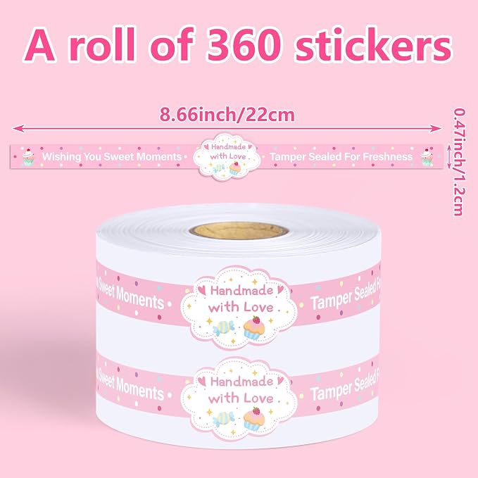 360 Pcs Handmade food retail package sealing labels 0.47 x 8.66 Inch Homemade stickers for baked goods Safe secure tamper evident seals stickers for cake dessert present box packaging supplies