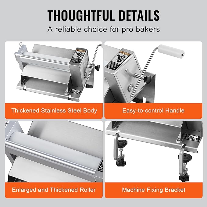 VEVOR Manual Dough Sheeter Machine, Puff Pastry Sheeter and Fondant Roller, Removable Handle, Panel, Roller for Easy Cleaning, Max 1/2 inch Adjustable Thickness, for Home or Small Commercial Kitchens