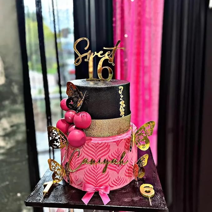 Golden Acrylic Sweet 16 Happy Birthday Cake Topper, 5.9 x 3.54inch Sixteenth Birthday Cake Decoration Cheer to 16th Fancy Cake Decor