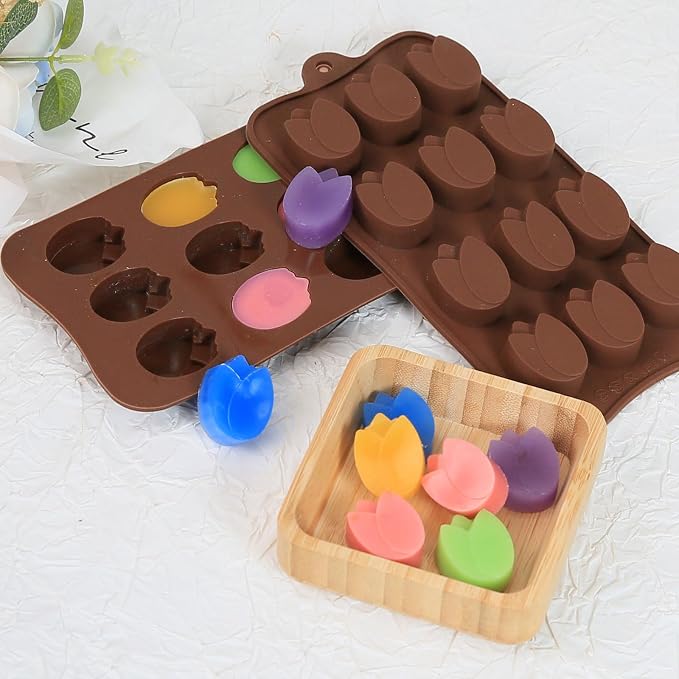 Mini Flower Chocolate Molds, 2 Pcs Silicone Molds with Tulip Shapes for Making Chocolate/Candy/Gummy/Jelly, Food Grade Candy Mold with 12 Cavities Mini Tulips for Fruit Snacks