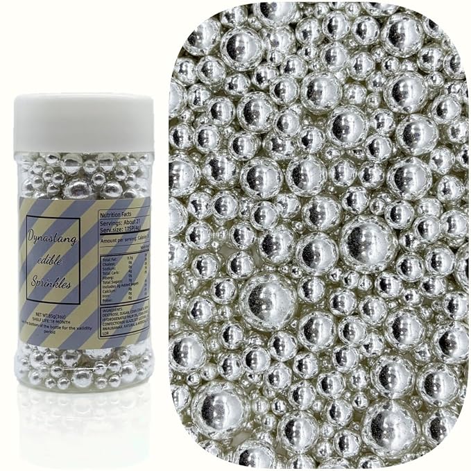 Dynastang Mixed Size Silver Pearls Sprinkles Edible Pearls Cake Decorating Pearls Cake Decorations Cupcake Toppers Cookie Decorating Perfect for Cakes, Cupcakes, Desserts Toppings 3OZ