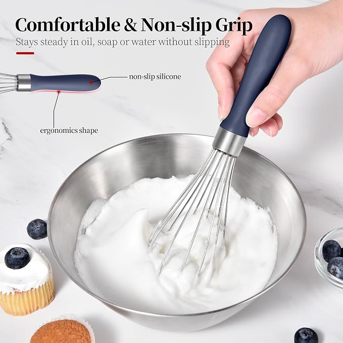 Small Whisk: Stainless Steel 9in Wire Balloon Wisk Kitchen Egg Whisker Heavy Duty Hand Mixer for Cooking Baking Whipping Blending Mixing Stirring Sauce, Flour, chocolate (Midnight Blue)