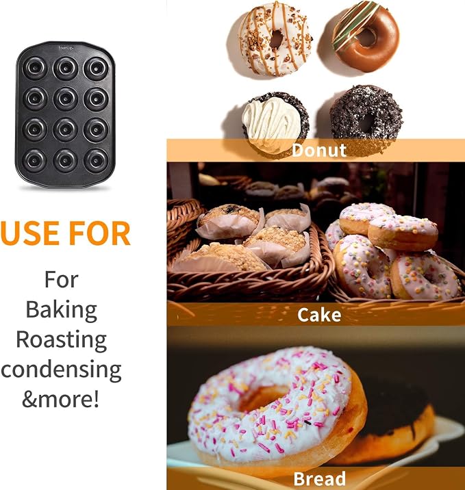 CHEFMADE Mini Donut Baking Pans, Non-Stick 12-Cavity Donut Pan, Carbon Steel Cake Baking Pan - BPA Free Mini Bagel Pan, Oven, Microwave, Freezer Safe