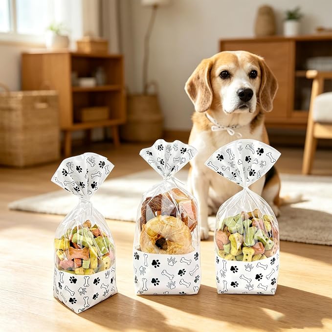 EKAPACKAGING 25Pcs 6x10 Inches Paw Print Flat Bottom Treat Bags with Twist Ties, Stand Up Dog Treat Bags for Puppy Birthday, Clear Goodie Bags for Pet Party Favors, Dog Gift Bags for Pet Biscuits