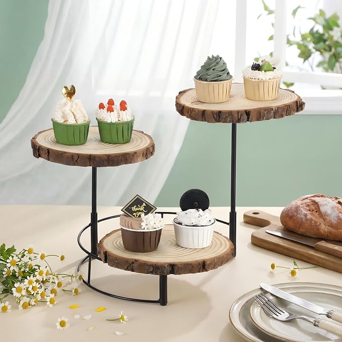 Chunful Staircase 3 Tier Round Natural Wood Cupcake Dessert Stand, Cup Cake Tower Stand Holder, Wooden Cake Display Tiered Centerpiece for Party, Birthday, Wedding, Baby Shower, Holiday Decoration