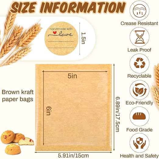 Outus 100 Pcs Cookie Packaging Bags with Seal, 5.7 x 6.5 Inch Bakery Pastry Bags with Window, Heat Sealable Grease Resistant Paper to Go Bake Sleeves for Gift Giving Donut Bread Sandwich (Brown)