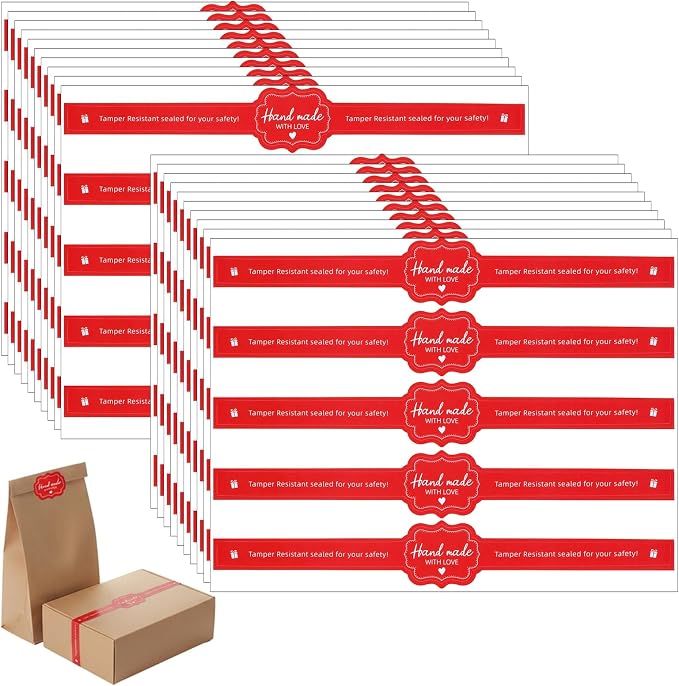 100Pcs Food Tamper Seal Sticker for Package Food Retail Package Seal Label | Food Retail Package Seal Stickers 8.8 x 1.3 Inch Tamper Evident Labels for Handmade Bakery Candy Artisan Crafts(Red)