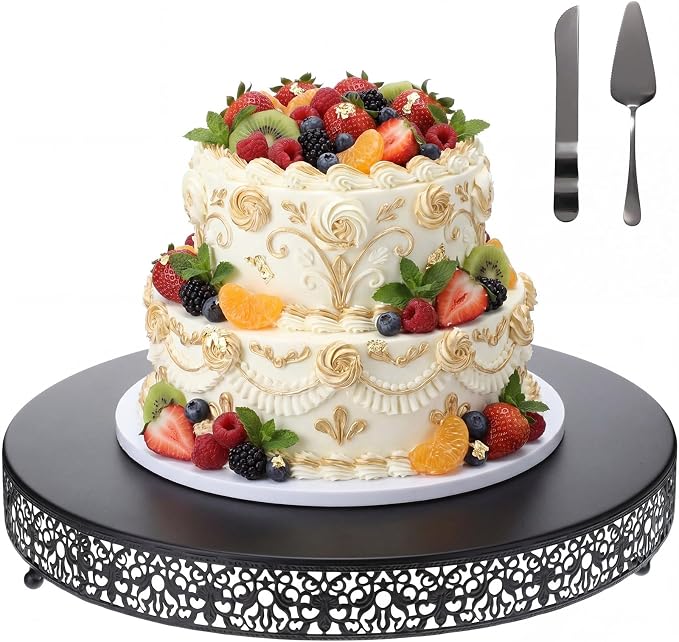 Wenqik 18 Inch Black Cake Stand Set Metal Round Cupcake Dessert Stand with Cake Cutting, Spatula Wedding Cupcake Pastry Display Candy Holder Display for Wedding Party Birthday Baby Shower(Classic)