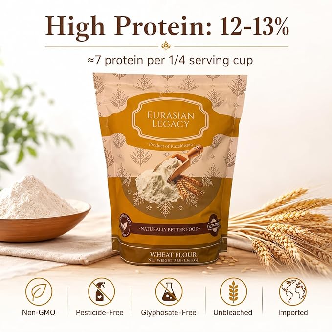 Eurasian Legacy Imported Lab-Tested Glyphosate-Free Wheat Flour, High-Protein, Unbleached, Non-GMO, for Bread, Sourdough & All-Purpose Baking, 3 lb