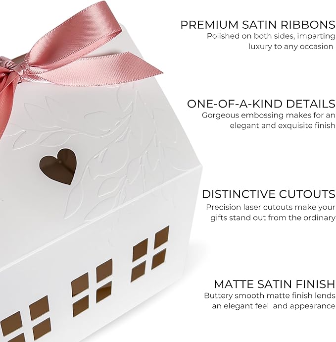 20 Pcs Classic House Shaped Gift Boxes with Neutral Ribbons for Treats, Desserts, Fancy Cookie, White Gable Bakery Packaging