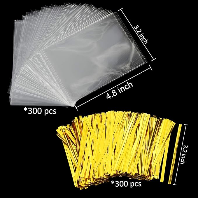 Augshy Cake Pop Bags,300Pcs Cellophane Treat Bag 3x5 Inches with Twist Ties | Clear 1.4mils Thickness,Resealable Packaging Individual OPP Plastic Bags for Lollipop Cake Candy Chocolate Cookie Wrapping B