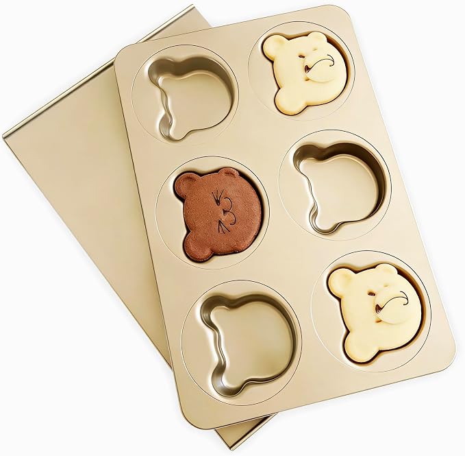 6-Cup English Muffin Pan, Nonstick & Sliding Lid, Bear Shape | 2-in-1 Sliding Lid for Proofing & Baking, Bear Shaped Muffin Pans, Nonstick Carbon Steel Hamburger Bun Mold