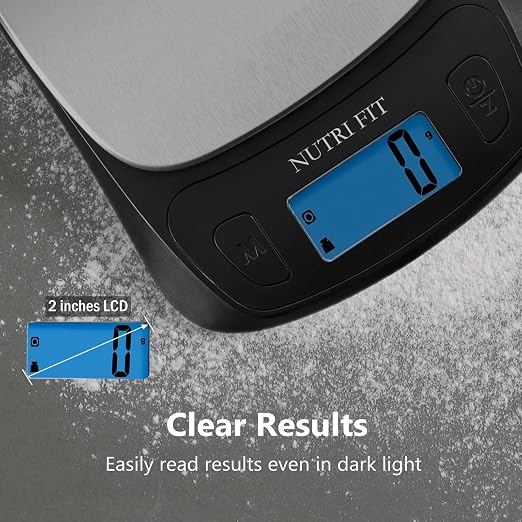 NUTRI FIT Ultra Slim Kitchen Scale Digital Food Weight Scale for Baking Cooking in Grams and Ounces Tare & Backlit LCD Display 11lb 5kg Capacity- Black/Stainless Steel