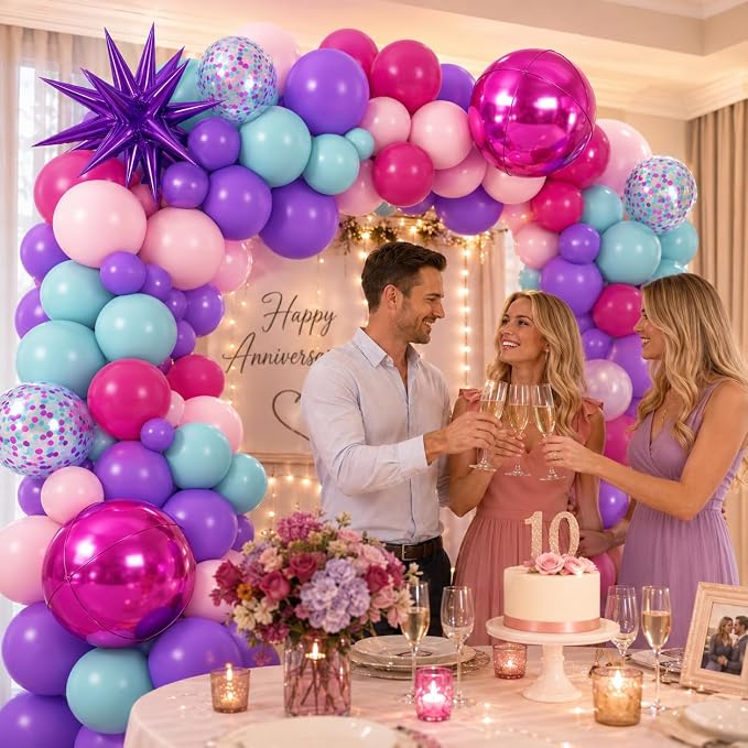 Pink and Teal Blue Balloon Arch Garland Kit with Purple Star Foil Balloons Hot Pink 4D Round Balloons for Birthday Baby Shower Wedding Anniversary Party Decorations