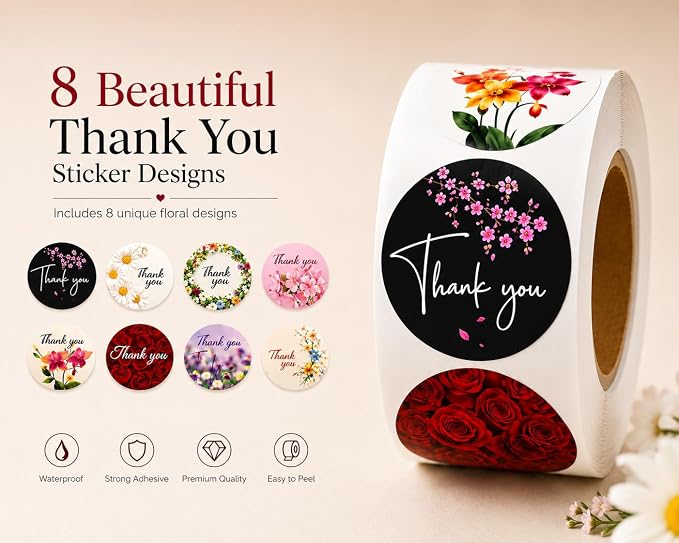 IBAKE Thank You Stickers Roll, 500 Floral Thank You Labels, 1.5 Inch Waterproof Stickers for Small Business Packaging, Gift Bags, Envelopes, Orders & Handmade Products, 8 Elegant Flower Designs