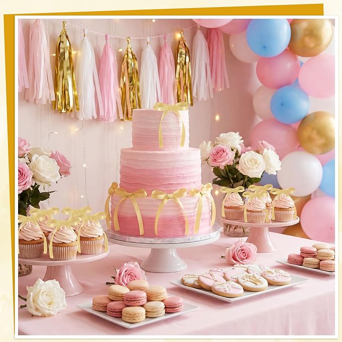 30 Pack Bow Cake Toppers Champagne Gold Ribbon Bows for Cake Bow Cupcake Toppers Back to School Decorations Bow Birthday Decorations for Baby Shower, Wedding, Engagement, Bachelorette Party