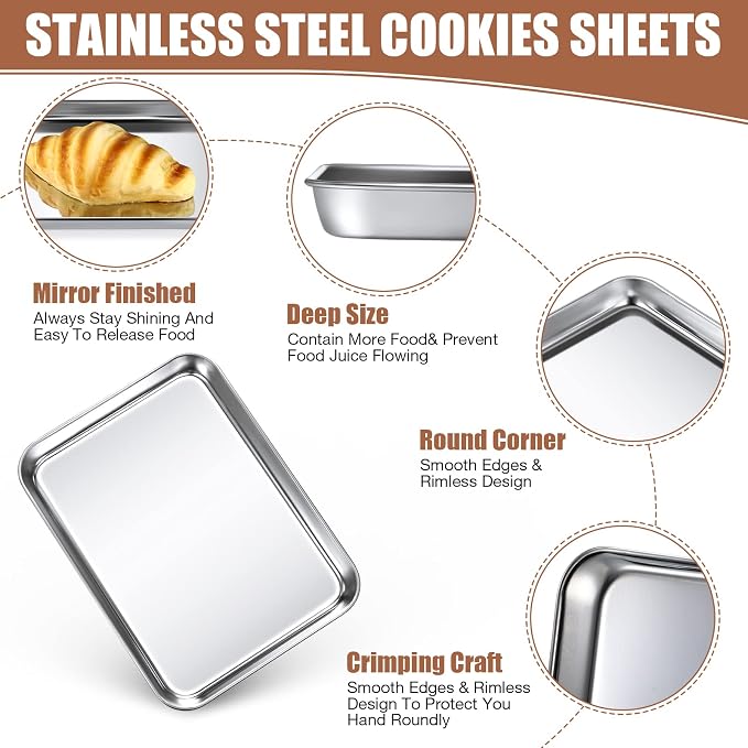 Potchen 6 Pcs Baking Sheet Pan Set Stainless Steel Cookie Sheet Small Toaster Oven Pans Tray Barbecue Grill Pan Rectangle Trays Oven Freezer Bakery, Non-stick, Easy Clean, 9 x 6.7 x 1 Inches