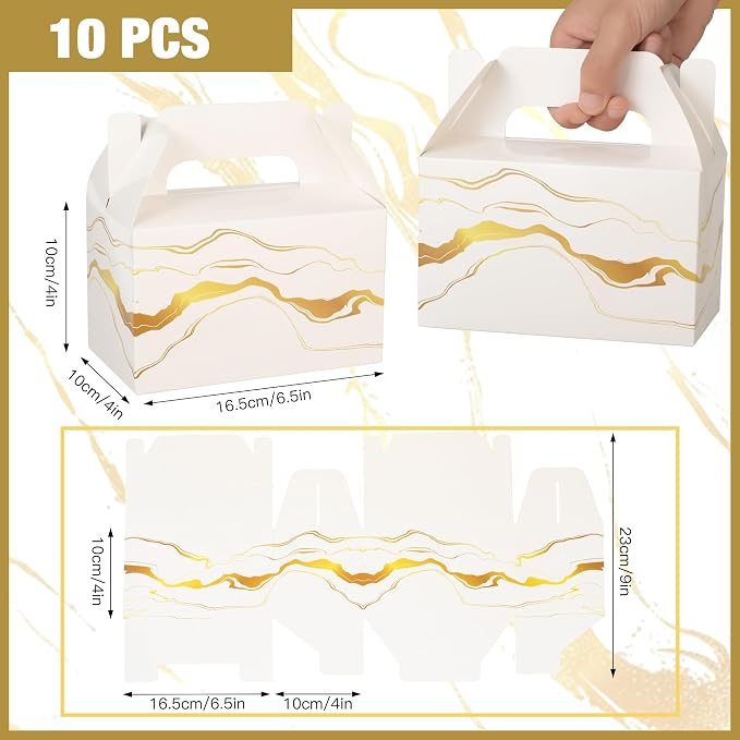 10 PCS Party Favor Treat Boxes, 6.5 x 4 x 4 Inches Gable Box with Handle, Goodie Boxes for Sweets, Candy, Cookie, Mother's Day, Wedding, Baby Shower, Graduation, Annivesary, White