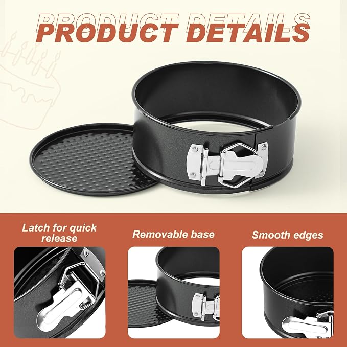 Funnymoom 4 Pcs 6 Inch Non Stick Springform Pan with Removable Bottom Carbon Steel Round Springform Cheesecake Pan with Stainless Steel Spring Buckles for Baking Kitchens Restaurant(Black)