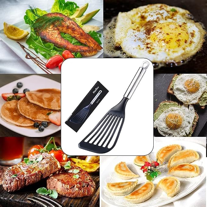 KSENDALO 2 Pack Thin Flexible Fish Spatula for Nonstick Cookware, Black | Egg Flipper Turner, 1 Medium 1 Long Size, Hollow Steel Handle Slotted Angled LFGB Complaint Nylon Blade, Dishwasher Safe