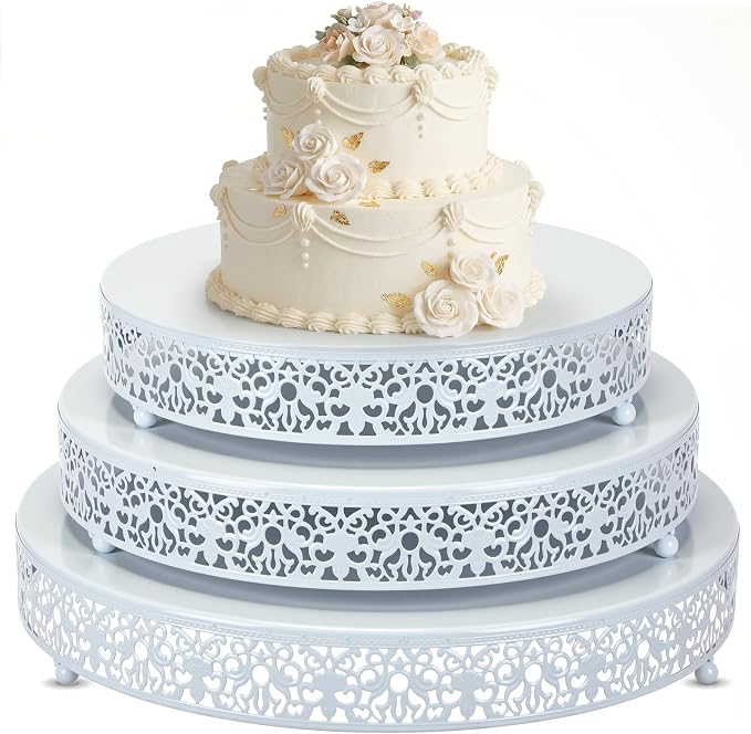Wenqik 3 Pcs 16'' 14'' 12'' Metal White Cake Stand Round Cake Stands for Dessert Table Cookies Fruit Serving Tray Cupcake Dessert Pastry Riser for Wedding Birthday Party and Events(Elegant Style)