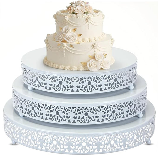 Wenqik 3 Pcs 16'' 14'' 12'' Metal White Cake Stand Round Cake Stands for Dessert Table Cookies Fruit Serving Tray Cupcake Dessert Pastry Riser for Wedding Birthday Party and Events(Elegant Style)