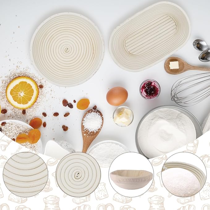 Bread Proofing Basket Set, Round 9 Inch and Oval 10 Inch Banneton Bread Bowl, Sourdough Bread Making Supplies Tools with Bread Lame, Danish Whisk, Bowl Scraper, Sourdough Scraper, Liners