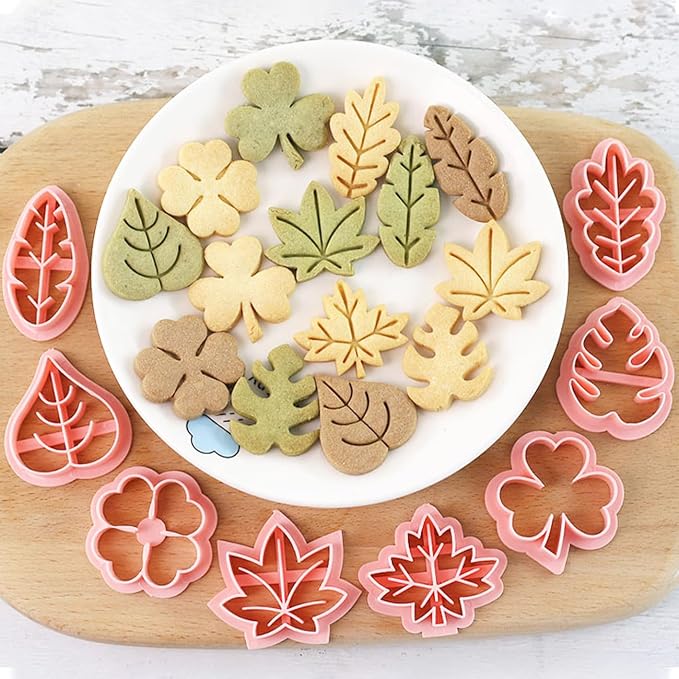 8pcs Mini Leaf Cookie Stamps, One-touch Molding 3d Raised Design Cookie Cutters, suitable for Tropic, Fall, Thanksgiving, Holiday & Party Treats Frosting Decoration (Leaf)