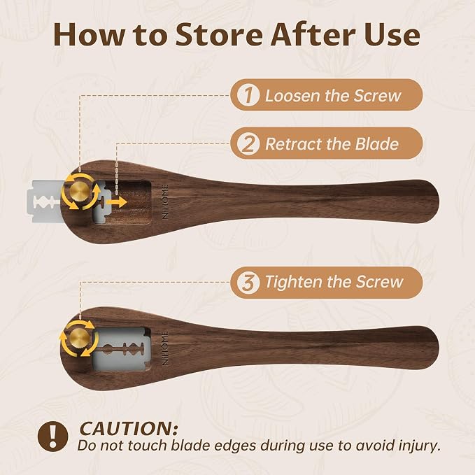 NiHome Bread Lame with Long Walnut Wood Handle for Scoring Bread and Slicing Dough, Safe Use with Push-Pull Locking Blade and Magnetic Back for Easy Storage, Ergonomic Grip for Precision Cutting