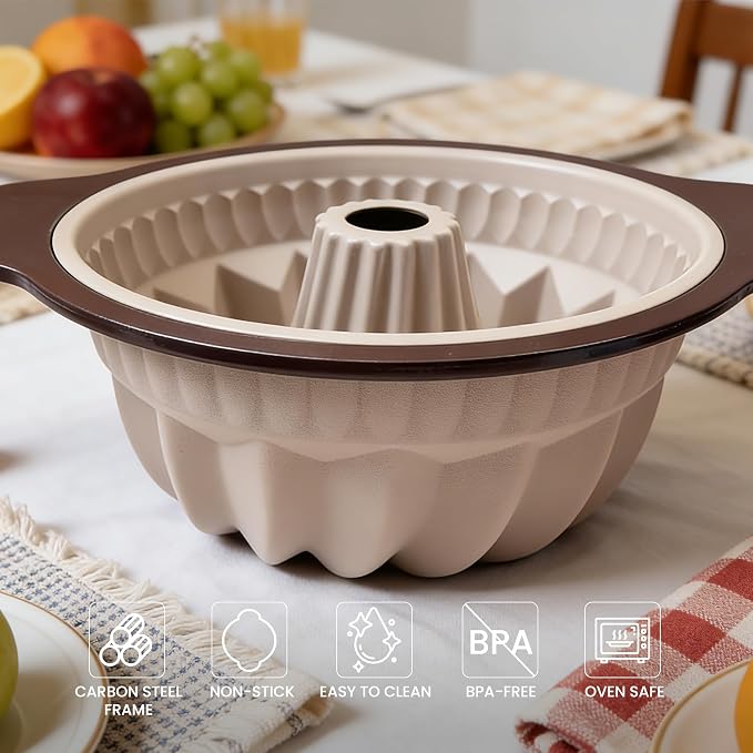 Nonstick Silicone Bundt Cake Pan, 9 Inch Fluted Tube Baking Mold with Reinforced Frame for Cakes, Bread, Brownies and Jello, Easy Release & Easy Clean
