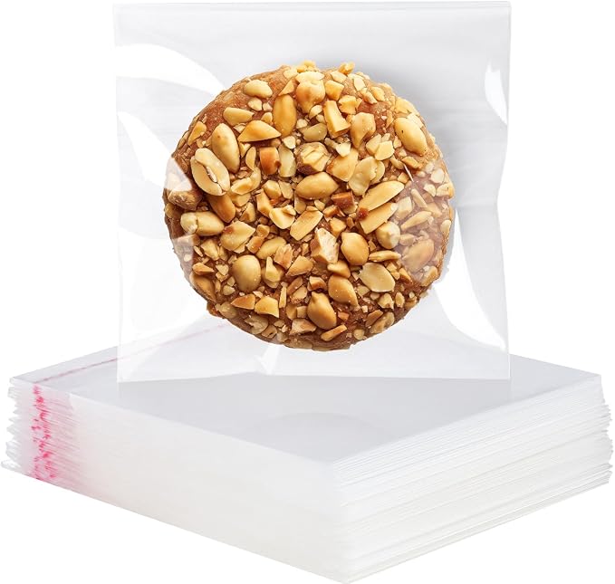 300 Pcs Cookie Bags with Seal, 4x4 Inches Self Sealing Cellophane Bags, Clear Cookie Bag Resealable Treat Bags for Packaging Cookies, Candy, Gifts, Favors, 3 Mils Individual Self Adhesive Wrappers