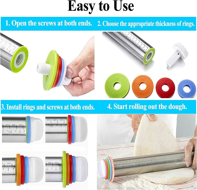 17" Adjustable Rolling Pin with 4 Sets Thickness Rings, Stainless Steel Dough Roller Pin for Pizzas, Pies, Biscuits, Dumplings, Pasta - Easy to Clean