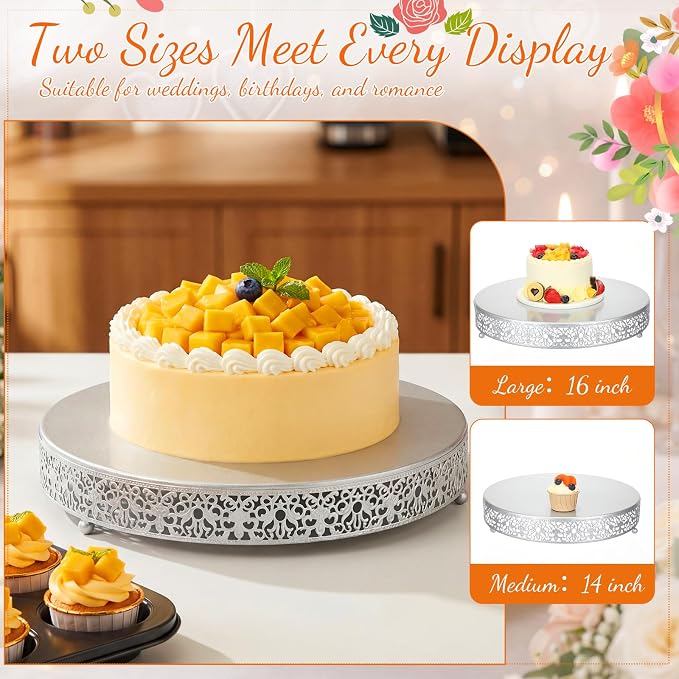 Wenqik 2 Pack Cake Stand Set, 14/16 Inch Metal Round Cupcake Dessert Stand Decorative Elegant Cake Display for Weddings Party Birthday Baby Showers Anniversary(Floral Lace,Silver)