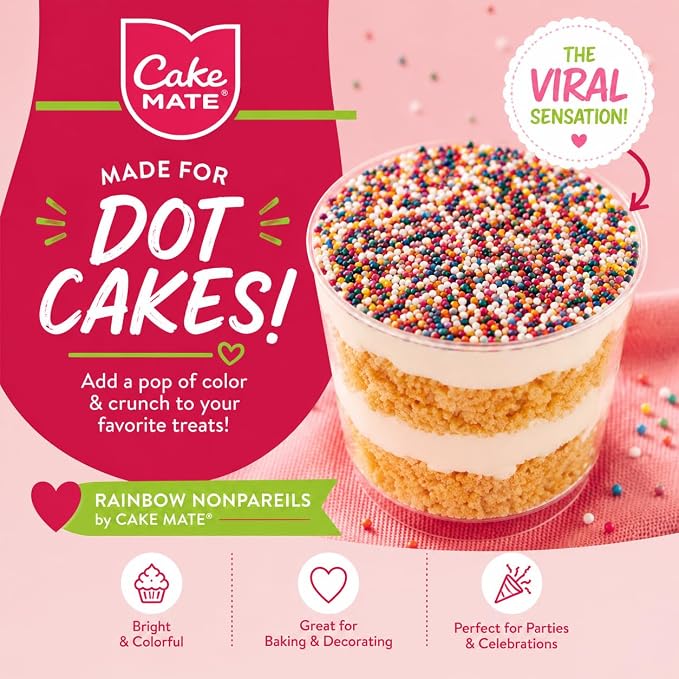 Cake Mate Rainbow Nonpareils Hard Sprinkles for Dot Cakes, Tub with Resealable Lid, 7 oz, Vibrant Round Dot Sprinkles for Decorating Cakes, Cupcakes & Cookies