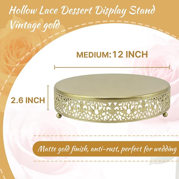 12 Inch Luxury Light Gold Cake Stand, Round Metal Dessert Display with Ornate Filigree Lace, Dual-Coated Premium Finish for Wedding, Anniversary & Elegant Home Decor
