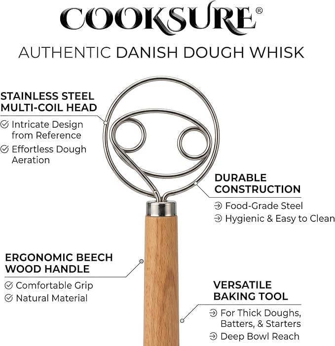 2Pcs Danish Dough Whisk & Bread Lame for Sourdough Bread – Wooden Handle Dough Whisk Mixer and Bread Scoring Tool, Artisan Sourdough Baking Tools & Bread Baking Supplies