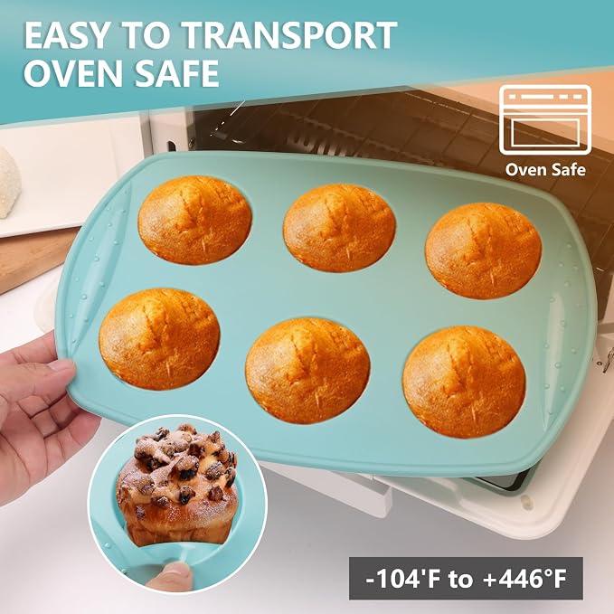 6-Cavity Silicone Muffin Pan, Circular Shape Non-Stick Baking Mold for Cupcakes, Egg Tarts, Fruit Pies, Brownies, Oven & Dishwasher Safe (-104°F to +446°F), BPA-Free Flexible Bakeware - Nordic Blue