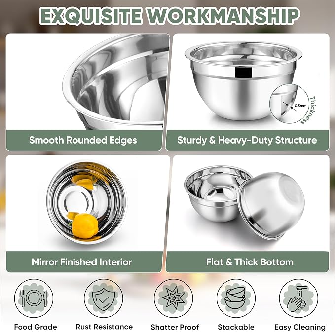 TeamFar Mixing Bowls with Lids, 5-Piece Stainless Steel Metal Nesting Salad Bowl for Mixing Prepping, Healthy & Heavy Duty, Airtight Lids & Dishwasher Safe, 4.5/3/1.5/1/0.7 QT-Khaki