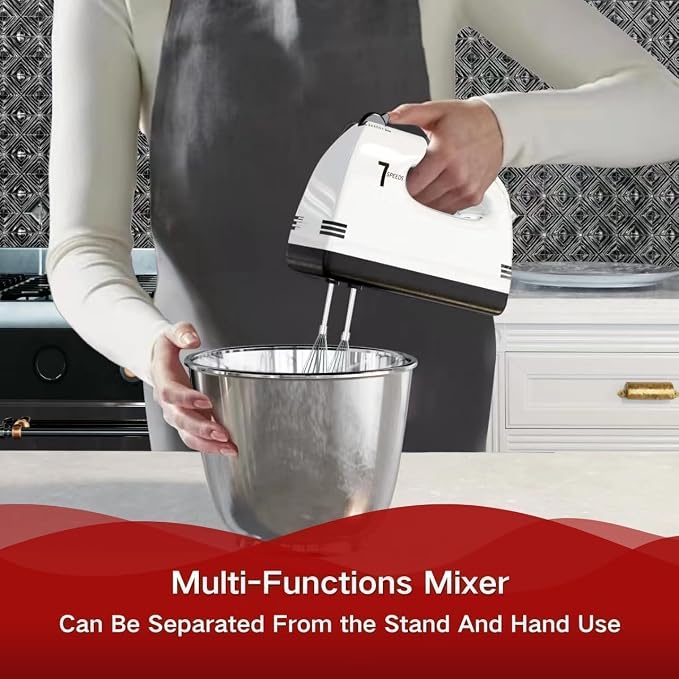 Stand Mixers, 7 Speeds With 3QT Stainless Steel Bowl, Stand and Hand Mixer with Dough Hook, Whisk, Mixing Beater for Baking, Cake, Cookie, Kneading (Stainless)