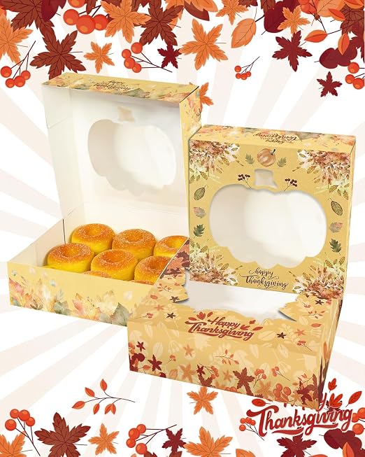 qiqee Thanksgiving Auto-pop Up 10x10x2.5 Inch Pie Boxes with Window Pumkin Leaves 12Packs Cookie Donut Bakery Box