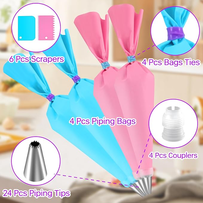 Piping Bag and Tips Set,Reusable Pastry Bag,Baking Piping Set,Including 24 Piping Tips,4 Piping Bags,4 Couplers,4 Bag Ties and 6 Cake Scrapers for Baking Cake Decorating