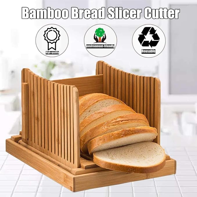 Nature Bamboo Bread Slicer Cutting Foldable Wood Bread Cutter Adjustable 3 Thickness Loaf Bread Cutting Board For Homemade Bread Loaf Cakes Bagels Kitchen Baking Tools