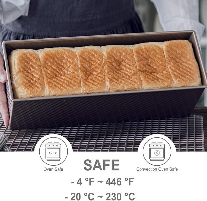 CHEFMADE Commercial Pullman Loaf Pan with Lid, 2.6Lb Dough Capacity Non-stick Rectangle Corrugated Toast Box for Oven Baking 5.2" x 15.2"x 4.9" Dishwasher Safe (Champagne Gold)