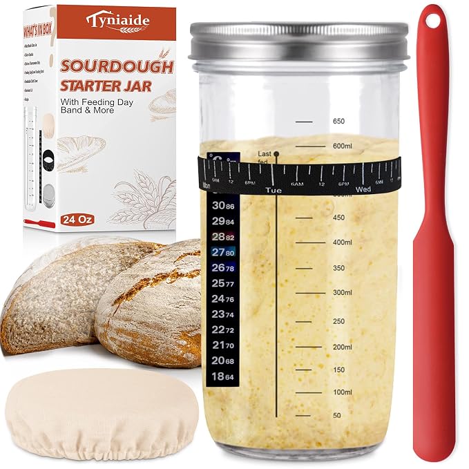 Sourdough Starter Jar Kit,650ml Sourdough Starter Jar with Thermometer Silicone Scraper Cloth Cover and Aluminum Lid Glass Jars Sourdough Bread Baking Supplies