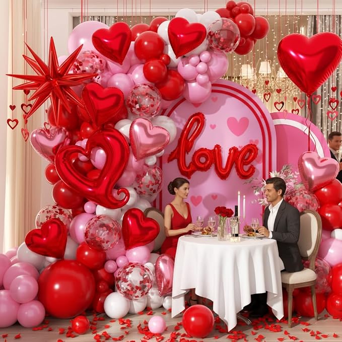 171pcs Valentines Day Balloons Garland Arch Kit, Pink White Red Confetti Heart Balloons Love & Star Foil Balloons Rose Petals for Birthday Wedding Anniversary Galentine's Day Party Decorations